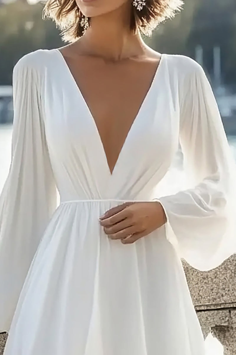 Load image into Gallery viewer, White Chiffon A Line V-Neck Long Sleeves Short Bridal Shower Dress