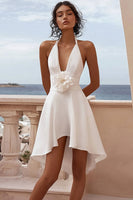Load image into Gallery viewer, White Satin Halter A Line Short Graduation Dress with Flower