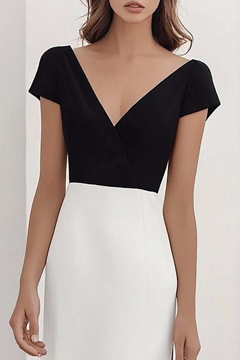 Queendancer Women Black White Mermaid Satin Long Formal Dress V-Neck