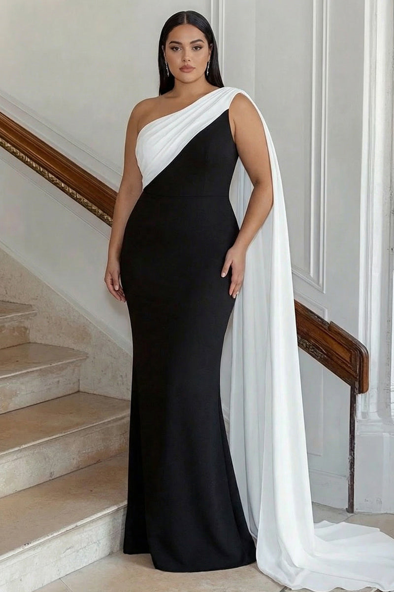 Queendancer Women Black and White Sheath Long Satin Formal Dress with Cape One Shoulder Maxi Evening Dress – queendancer