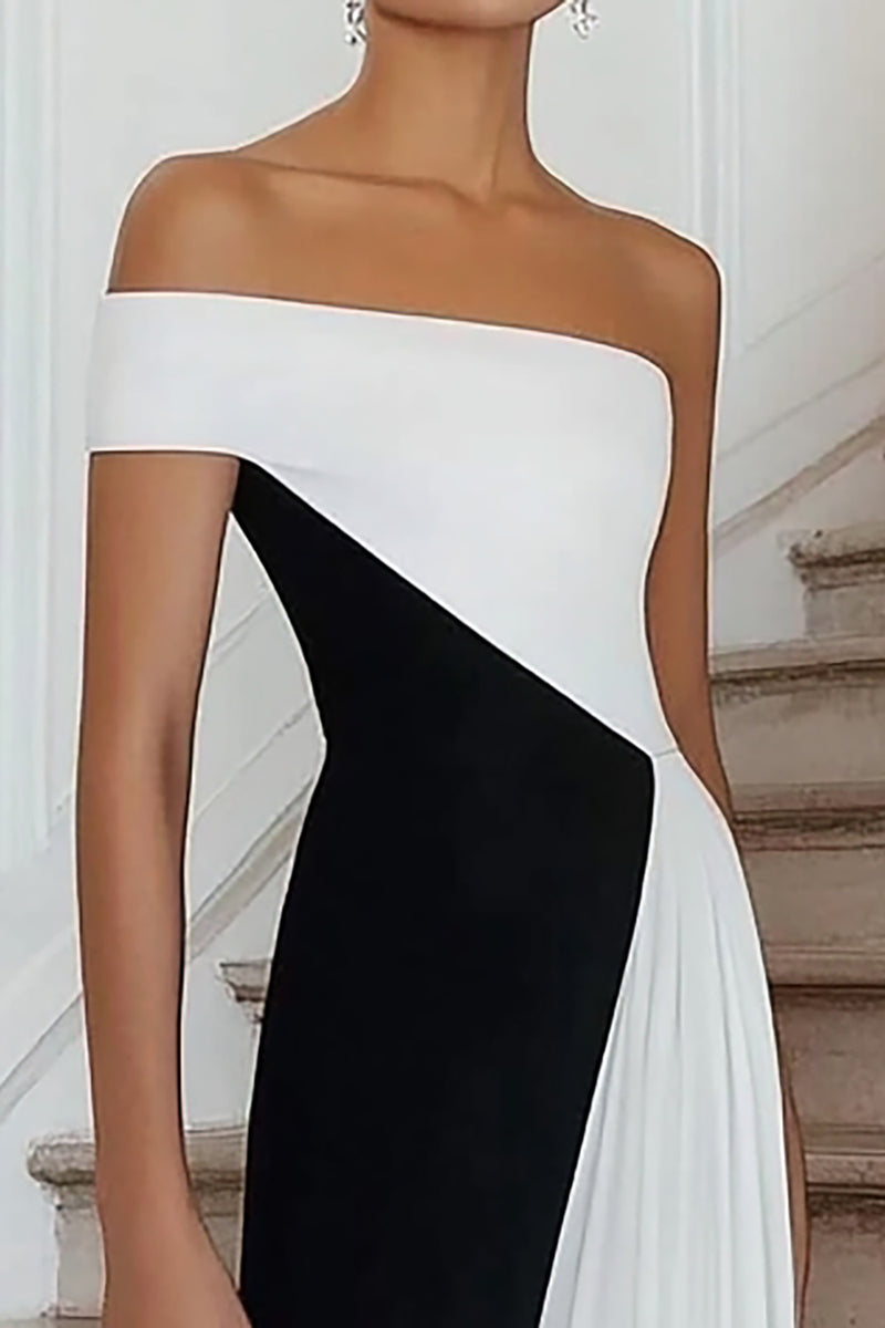 Queendancer Women Black White A Line Formal Dress Off the Shoulder