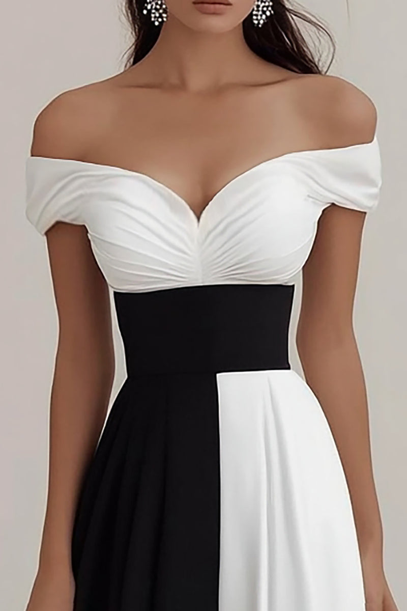 Queendancer Women Black White A Line Satin Long Formal Dress Ruched Off