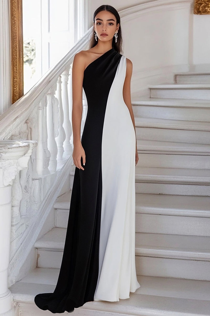 Queendancer Women Black White Sheath Long Formal Dress One Shoulder
