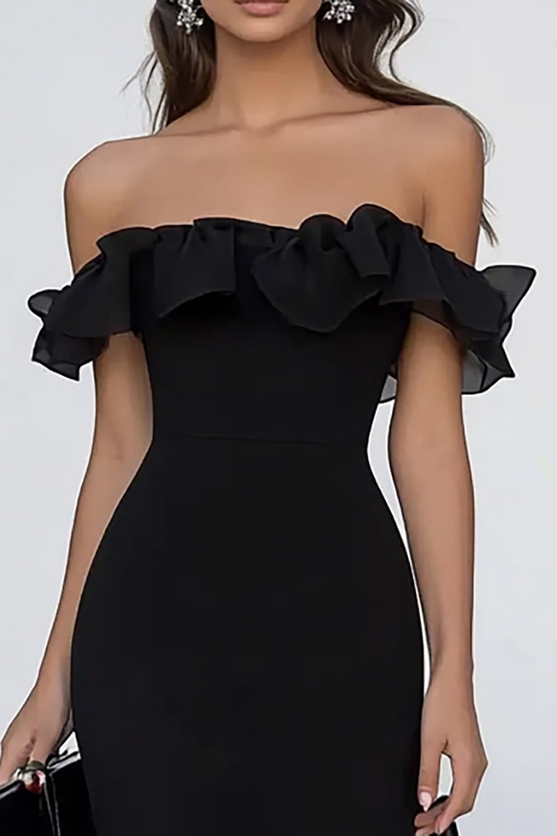 Queendancer Women Black Chiffon Long Formal Dress with Ruffles Mermaid