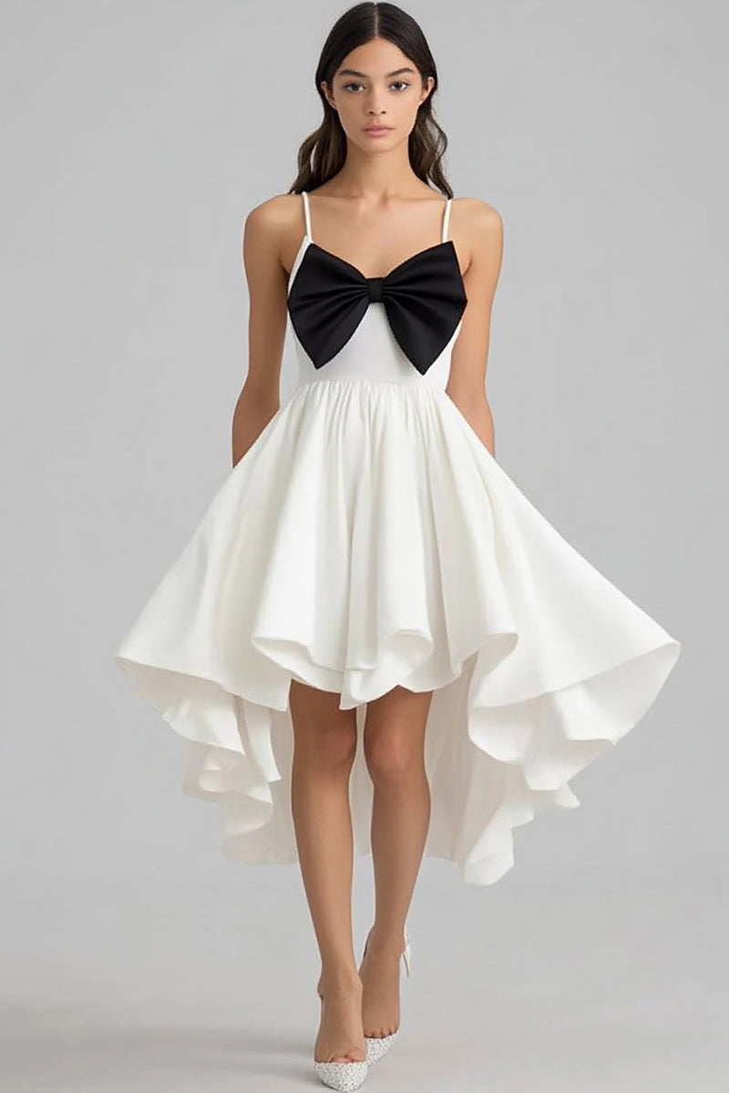 Load image into Gallery viewer, White and Black High-Low Graduation Dress with Bow