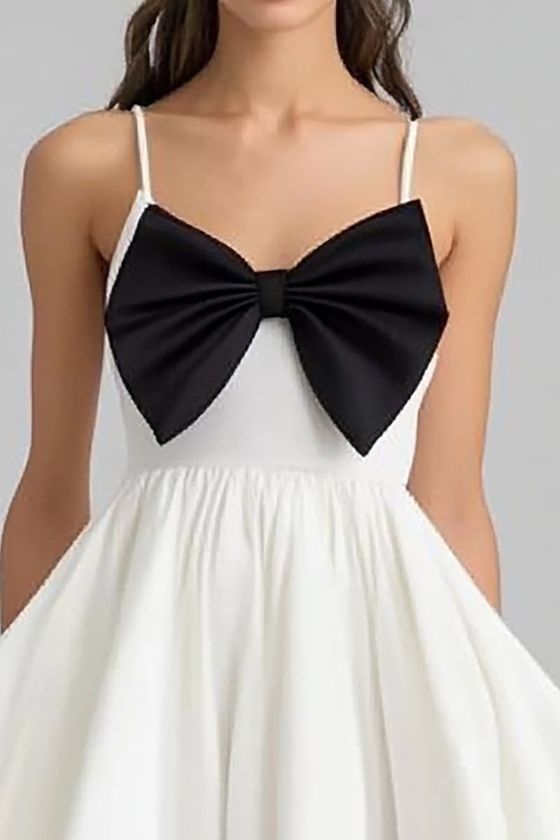 Load image into Gallery viewer, White and Black High-Low Graduation Dress with Bow