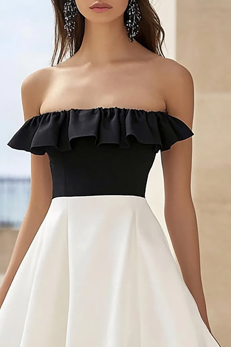 Queendancer Women Black and White Long Formal Dress with Ruffles A Line