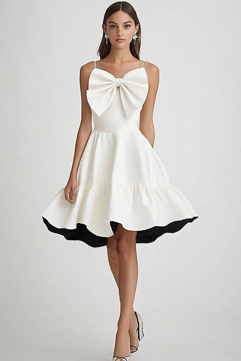 Load image into Gallery viewer, White and Black A Line Ruffled Short Graduation Dress with Bow