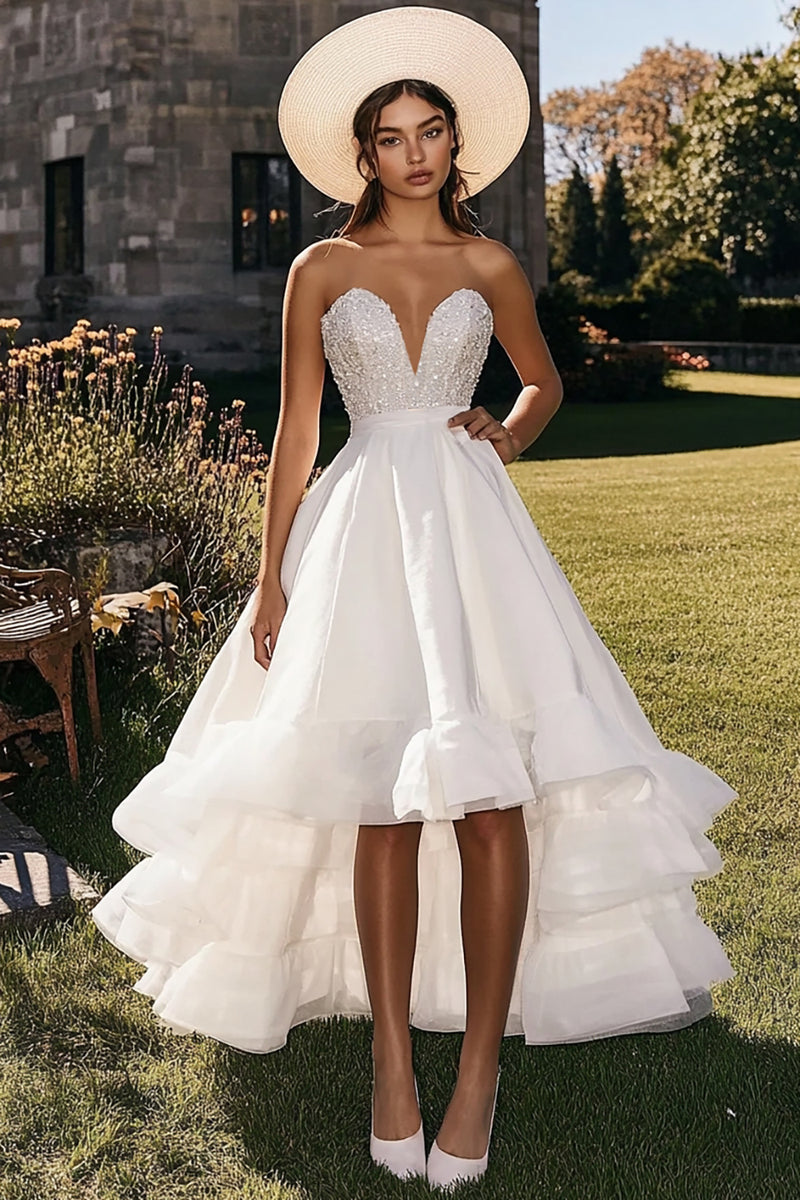 Load image into Gallery viewer, Sparkly White V-Neck High-Low Engagement Dress with Ruffles