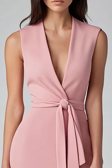 Simple Pink Deep V Neck Ruffled Short Work Dress