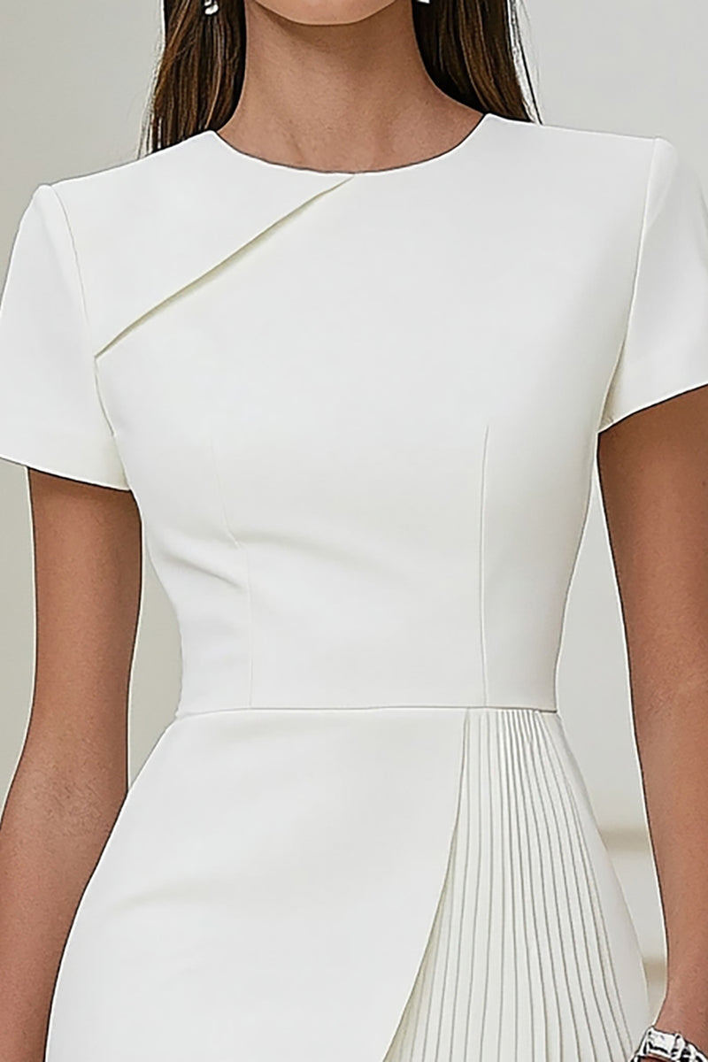 Load image into Gallery viewer, White Satin Pleated Bodycon Round Neck Short Sleeve Work Dress