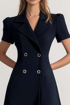 Navy A Line Notched Lapel Double Breasted Short Work Blazer Dress