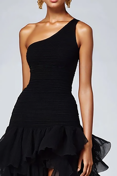 Queendancer Women Black Organza High Low Formal Dress with Ruffles A Line Tiered One Shoulder Black Tie Dress