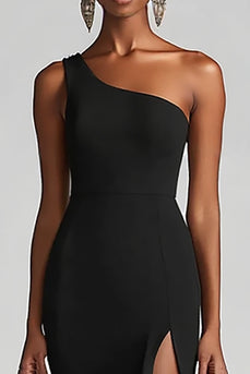 Black Mermaid One Shoulder Chiffon Long Formal Dress with Slit