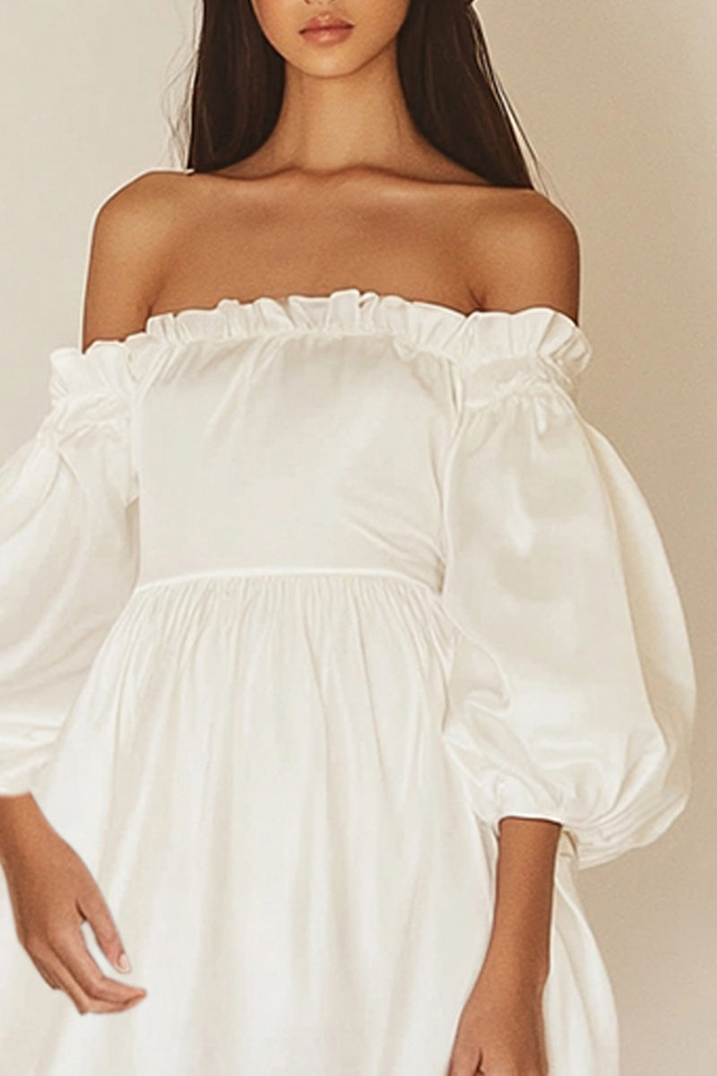 Load image into Gallery viewer, Ivory Satin Puff Sleeves Short Graduation Dress with Ruffles