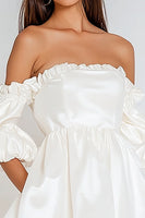 Load image into Gallery viewer, White Satin Short Puff Sleeves Graduation Dress with Ruffles