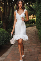 Load image into Gallery viewer, White Chiffon Short V Neck Graduation Dress with Ruffles