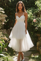 Load image into Gallery viewer, White Tulle Midi Pleated A Line Engagement Dress