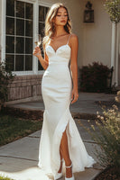 Load image into Gallery viewer, Queendancer Women White Satin Long Engagement Dress with Ruffles Spaghetti Straps Mermaid Rehearsal Dinner Dress with Slit