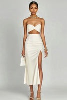 Load image into Gallery viewer, Ivory Two Piece Satin Long Engagement Dress with Slit