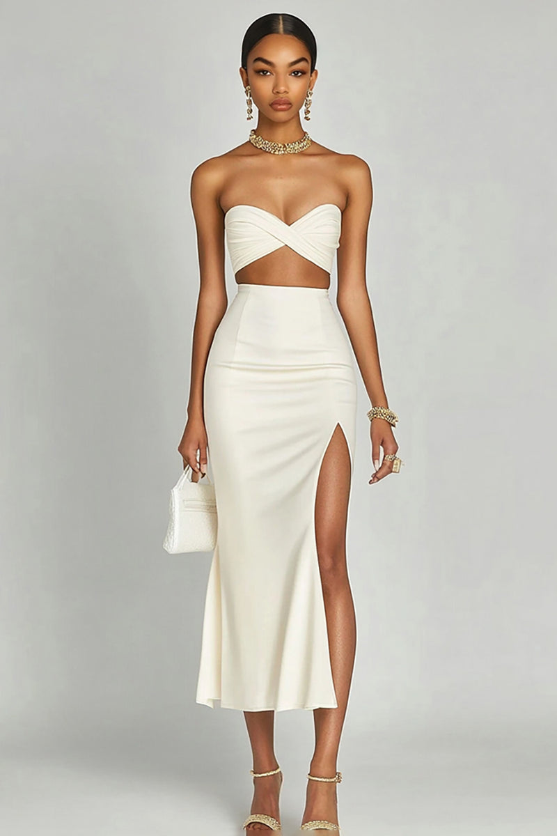 Load image into Gallery viewer, Ivory Two Piece Satin Long Engagement Dress with Slit
