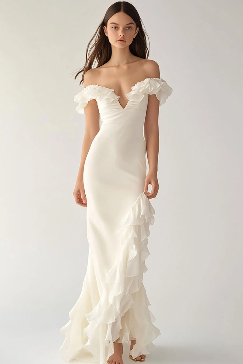 Load image into Gallery viewer, Ivory Long Satin Engagement Dress with Ruffles