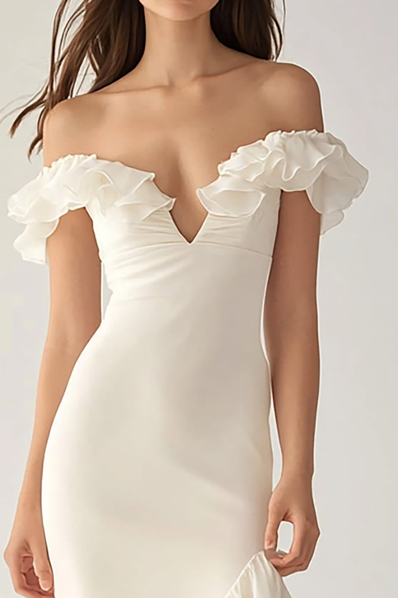 Load image into Gallery viewer, Ivory Long Satin Engagement Dress with Ruffles