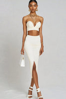 Load image into Gallery viewer, White Two Piece Satin Midi Engagement Dress with Slit