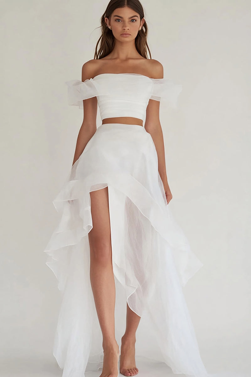 Load image into Gallery viewer, White Two Piece Organza Asymmetrical Engagement Dress with Slit