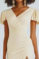 Load image into Gallery viewer, Champagne Midi Satin Bodycon Engagement Dress with Ruffles