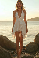 Load image into Gallery viewer, Ivory Chiffon Short Halter A Line Boho Dress with Ruffles