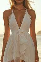 Load image into Gallery viewer, Ivory Chiffon Short Halter A Line Boho Dress with Ruffles