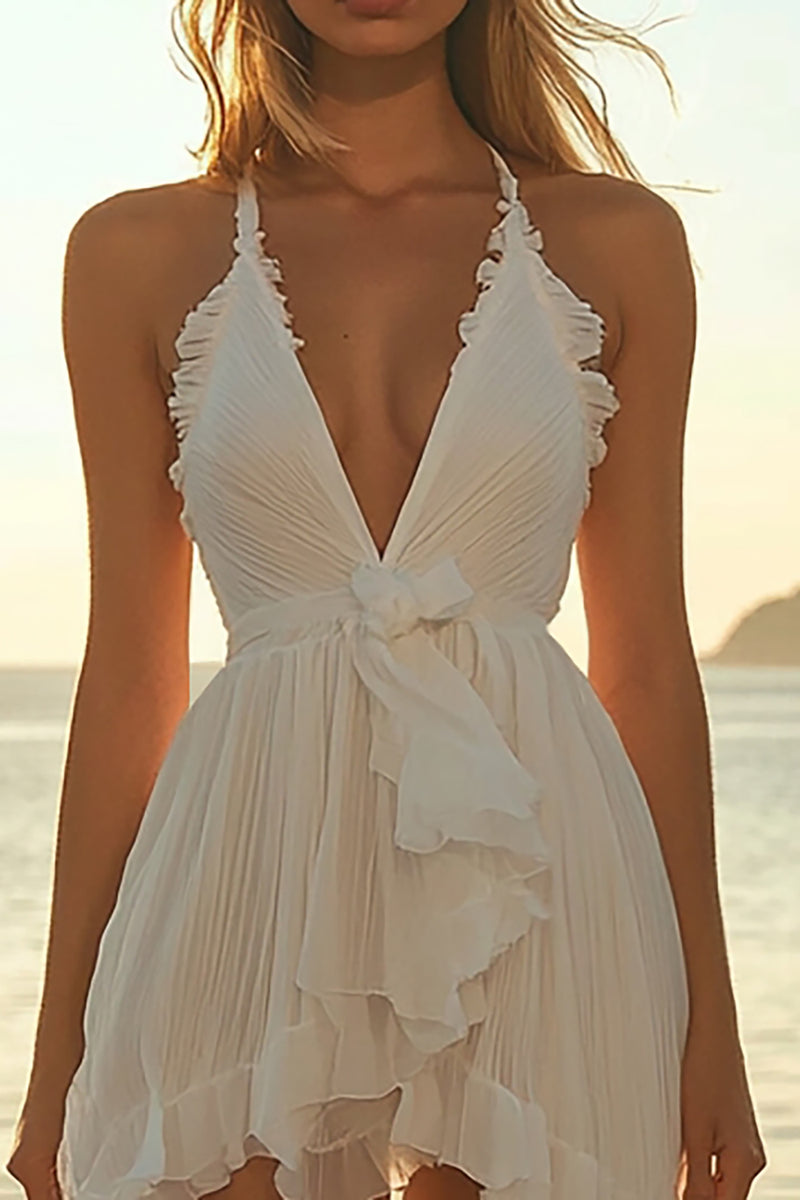 Load image into Gallery viewer, Ivory Chiffon Short Halter A Line Boho Dress with Ruffles
