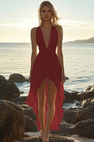 Load image into Gallery viewer, White Chiffon High-Low V Neck A Line Boho Dress