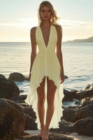 Load image into Gallery viewer, White Chiffon High-Low V Neck A Line Boho Dress