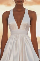Load image into Gallery viewer, White Satin Short V Neck A Line Graduation Dress