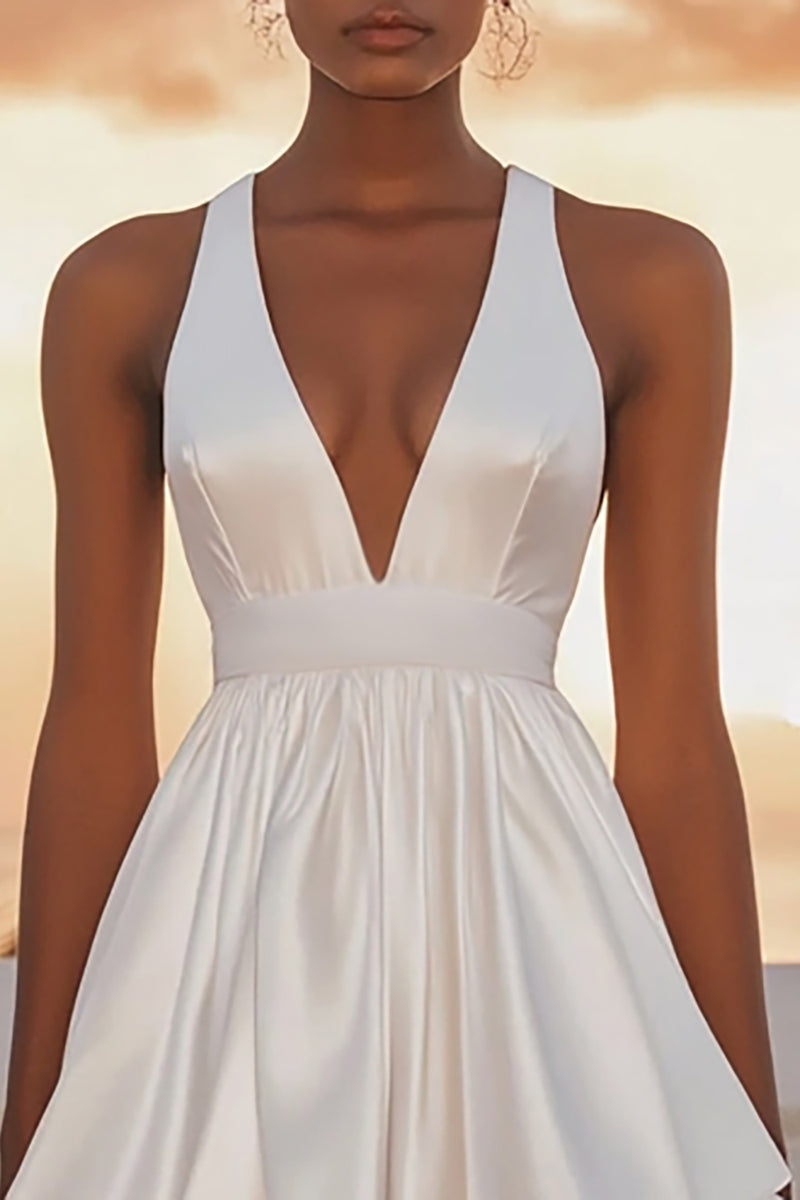 Load image into Gallery viewer, White Satin Short V Neck A Line Graduation Dress