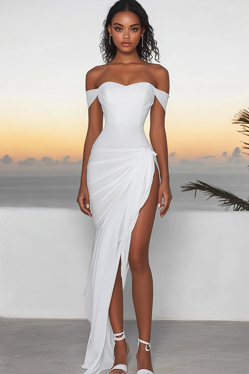 Load image into Gallery viewer, White Chiffon Off The Shoulder Asymmetrical Engagement Dress
