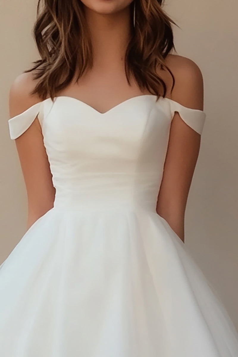 Load image into Gallery viewer, White Tulle Off The Shoulder A Line Short Graduation Dress