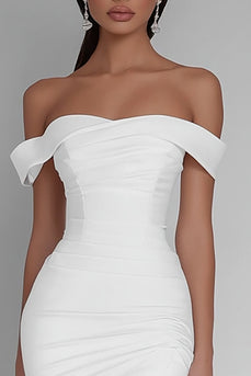 White Satin Off The Shoulder Ruched Short Bodycon Graduation Dress