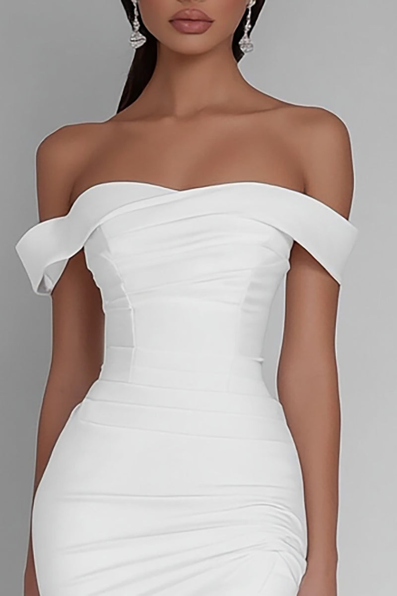 Load image into Gallery viewer, White Satin Off The Shoulder Ruched Short Bodycon Graduation Dress