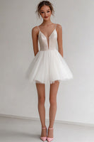 Load image into Gallery viewer, Ivory Spaghetti Straps Short A Line Graduation Dress with Sequins