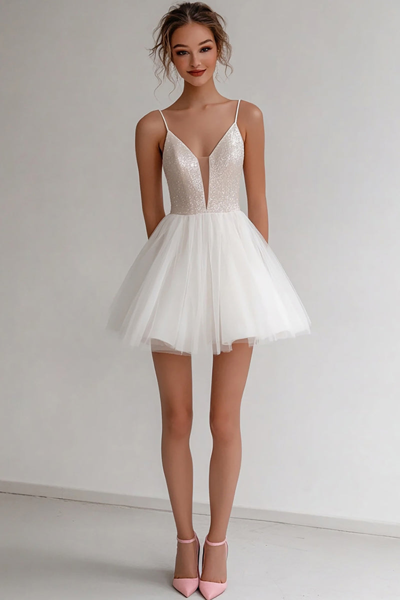 Load image into Gallery viewer, Ivory Spaghetti Straps Short A Line Graduation Dress with Sequins