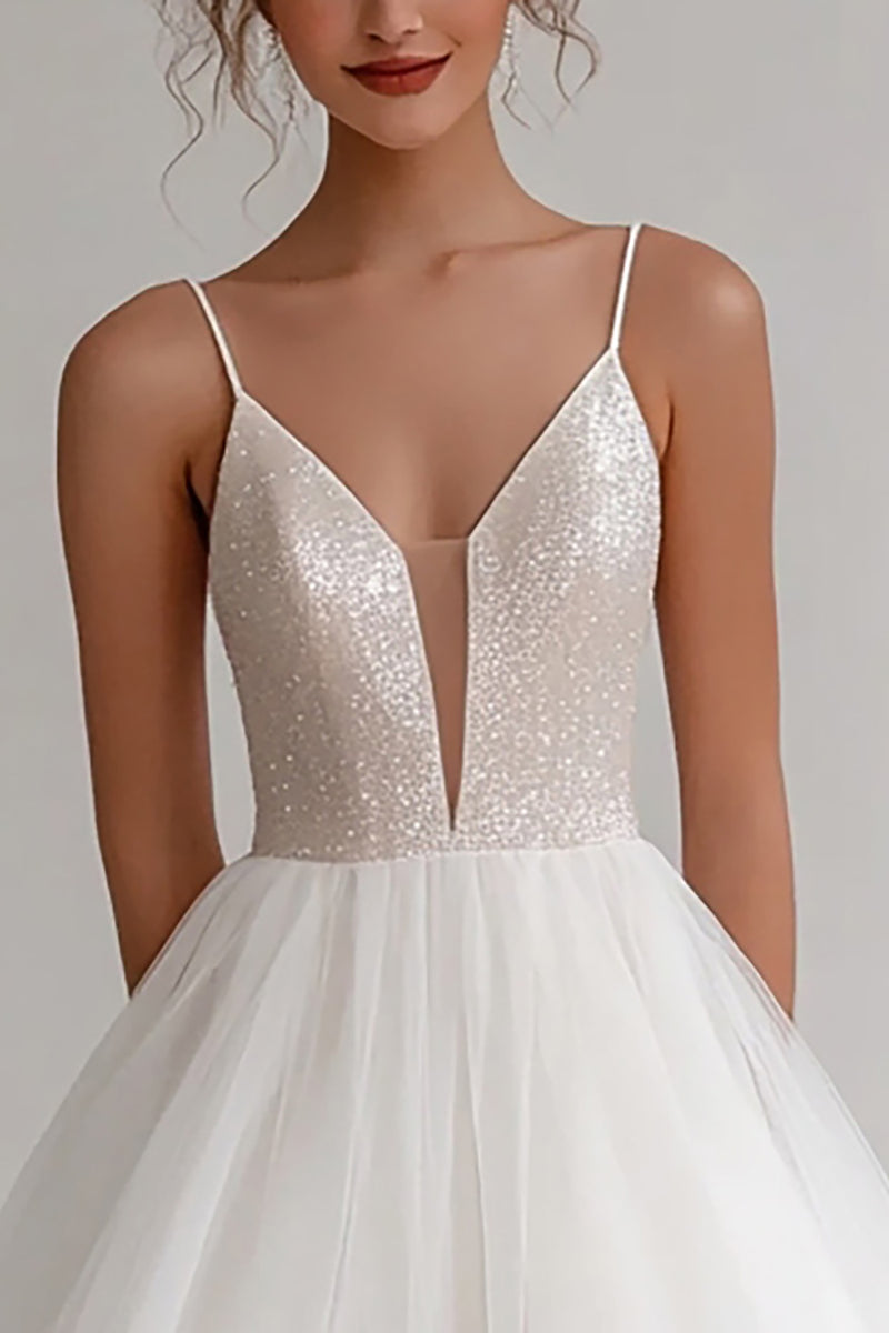Load image into Gallery viewer, Ivory Spaghetti Straps Short A Line Graduation Dress with Sequins