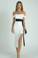 Load image into Gallery viewer, White and Black Satin Midi Mermaid Engagement Dress with Slit