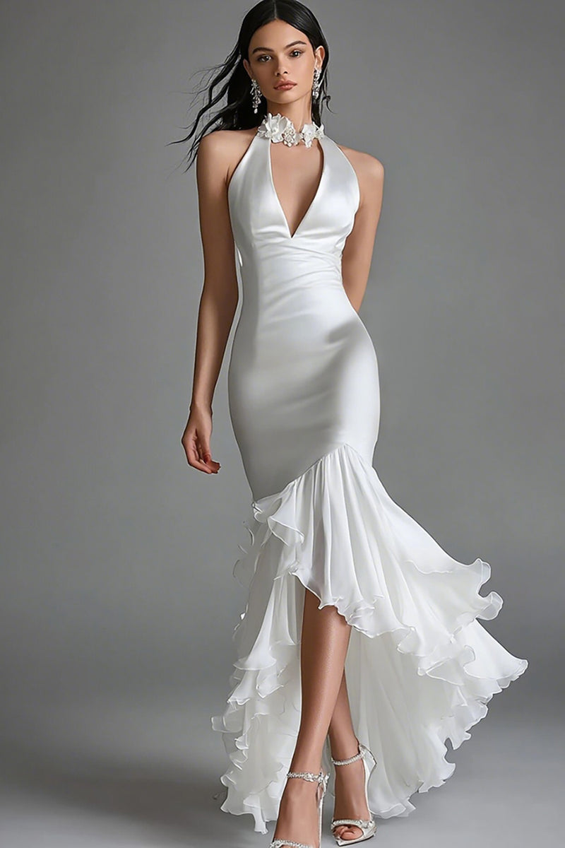 Load image into Gallery viewer, White Satin High Neck High-Low Mermaid Engagement Dress