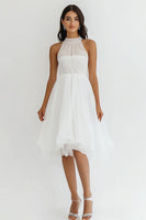 Load image into Gallery viewer, White Chiffon High Neck Midi A Line Graduation Dress