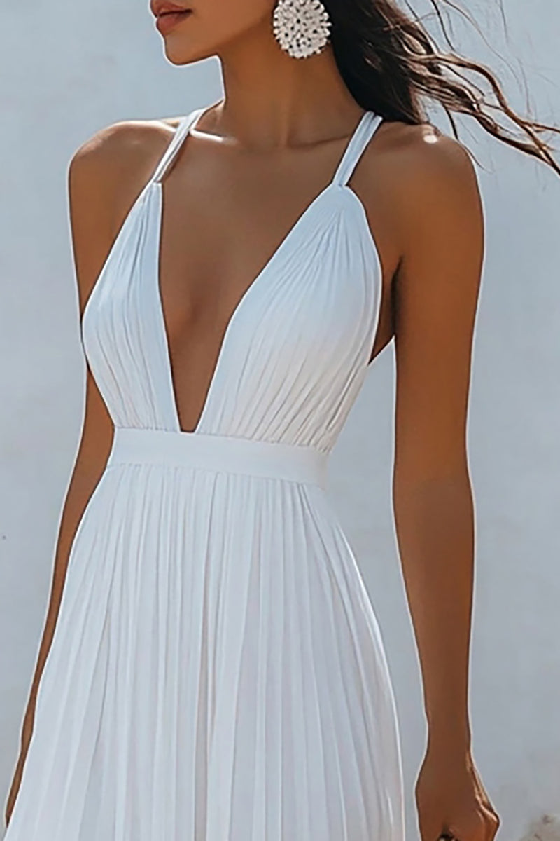 Load image into Gallery viewer, White Chiffon V Neck Long A Line Engagement Dress with Pleats