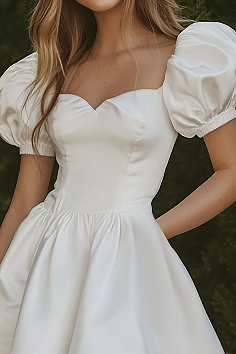 Load image into Gallery viewer, White Sweetheart Short A Line Graduation Dress with Puff Sleeves