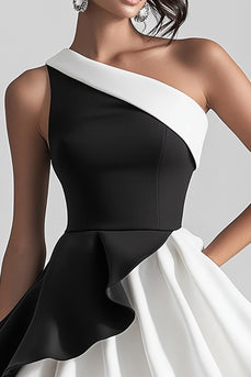 Black and White Satin One Shoulder A Line Short Cocktail Dress